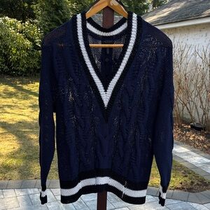 rag & bone Navy V-Neck Cable Knit Sweater with White and Black Trim